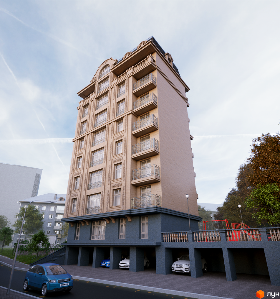 Клубний будинок На Соловцова з елегантним фасадом та балконами. Поруч розташована прибудинкова територія з дитячим майданчиком та парковкою.