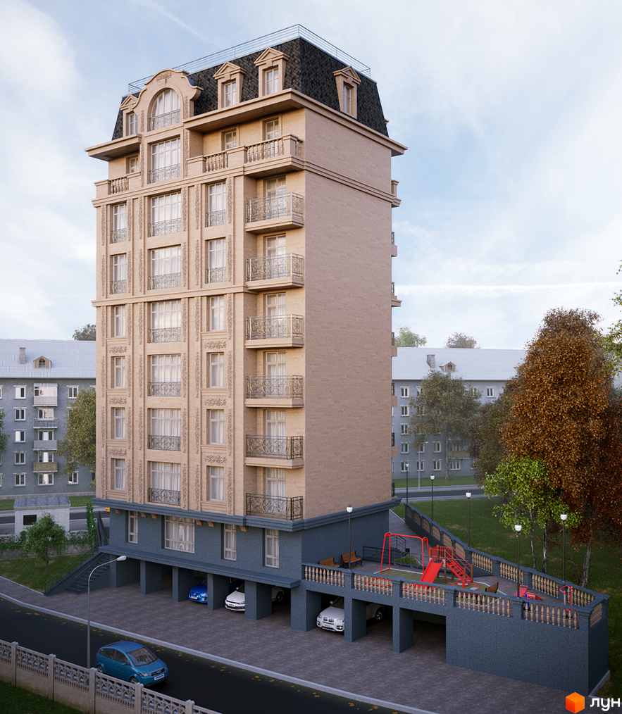 Клубний будинок „На Соловцова“ – елегантна новобудова з французьким дахом та балконами. Прибудинкова територія включає дитячий майданчик та паркінг.