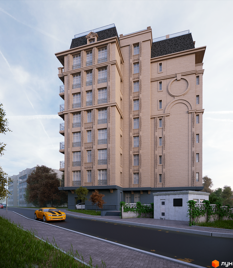 Клубний будинок „На Соловцова“ з елегантною фасадною обробкою та балконами. Навколо будинку облаштована прибудинкова територія з дорогою та зеленню.