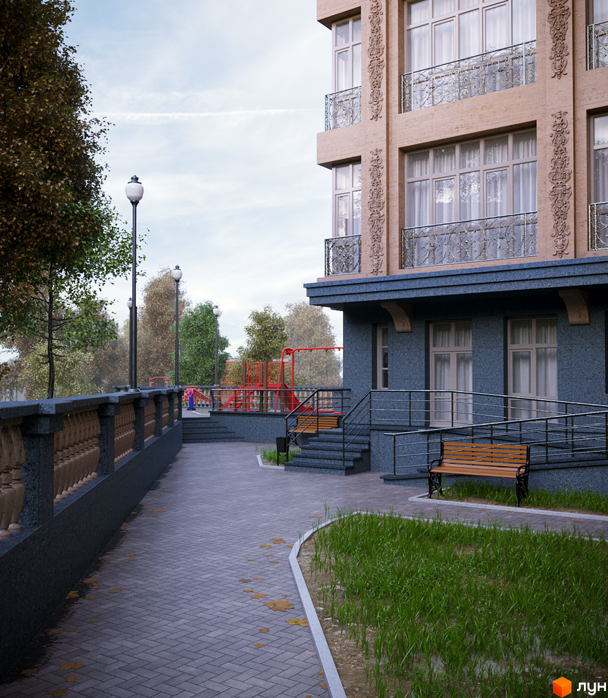 Клубний будинок „На Соловцова“ з елегантною фасадною обробкою та кованими балконами. Прибудинкова територія з брукованою доріжкою, лавкою та зеленою зоною.