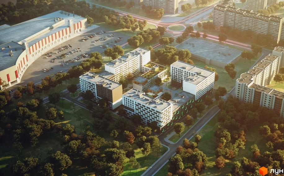 Житловий комплекс Місто Трав: сучасні багатоповерхові будинки з зеленими зонами та парковкою. Аерофотозйомка новобудов з парком та інфраструктурою.