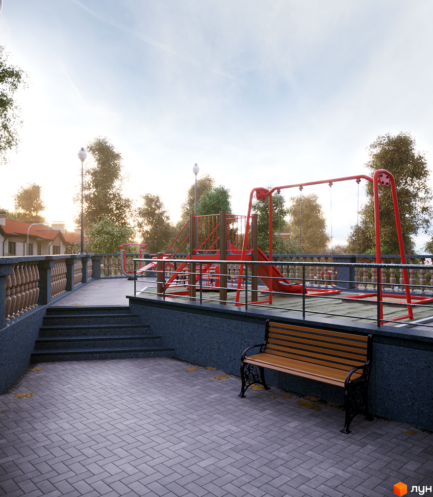 Клубний будинок „На Соловцова“ з дитячим майданчиком та лавкою на фоні дерев та неба. Опис новобудови та прибудинкової території.