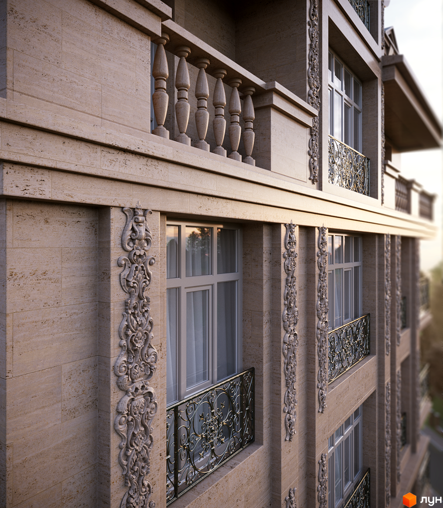 Клубний будинок „На Соловцова“: детальний вигляд фасаду з кам'яним оздобленням та кованими балконами. Зовнішній вигляд будівлі.