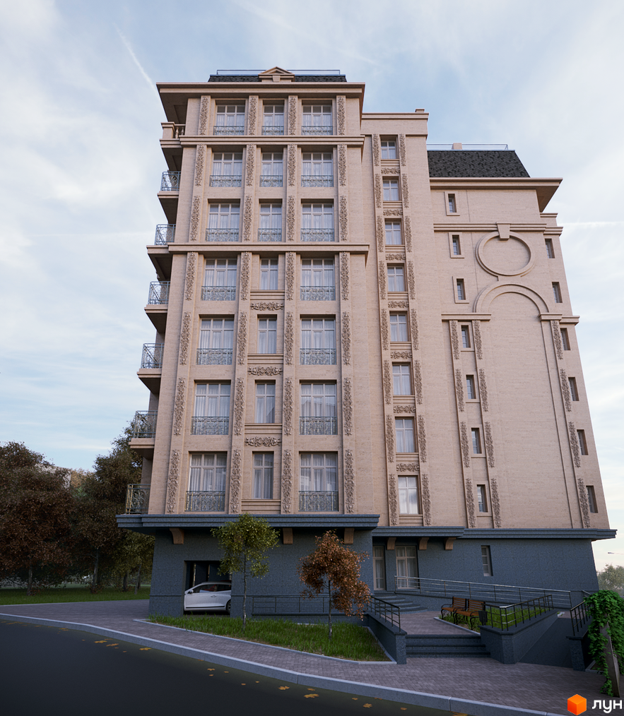 Клубний будинок „На Соловцова“ – це елегантна новобудова з вишуканим фасадом та балконами, розташована біля зеленої зони з деревами та зручним під'їздом.