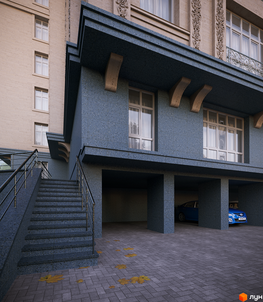 Клубний будинок „На Соловцова“: фасад будівлі з сірого мармуру, великі вікна та паркінг з автомобілями. Прибудинкова територія з бруківкою та опалим листям.