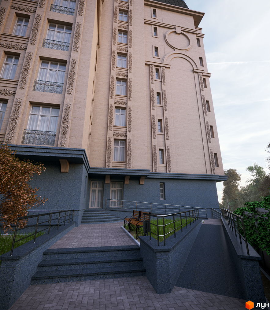 Клубний будинок „На Соловцова“: фасад будівлі з декоративними елементами та вікнами, прибудинкова територія з пандусом, сходами та лавкою.