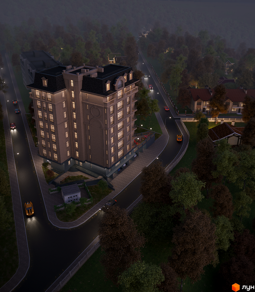 Клубний будинок „На Соловцова“ — багатоповерхова будівля з мансардним дахом та освітленими вікнами, розташована на вулиці в оточенні дерев.