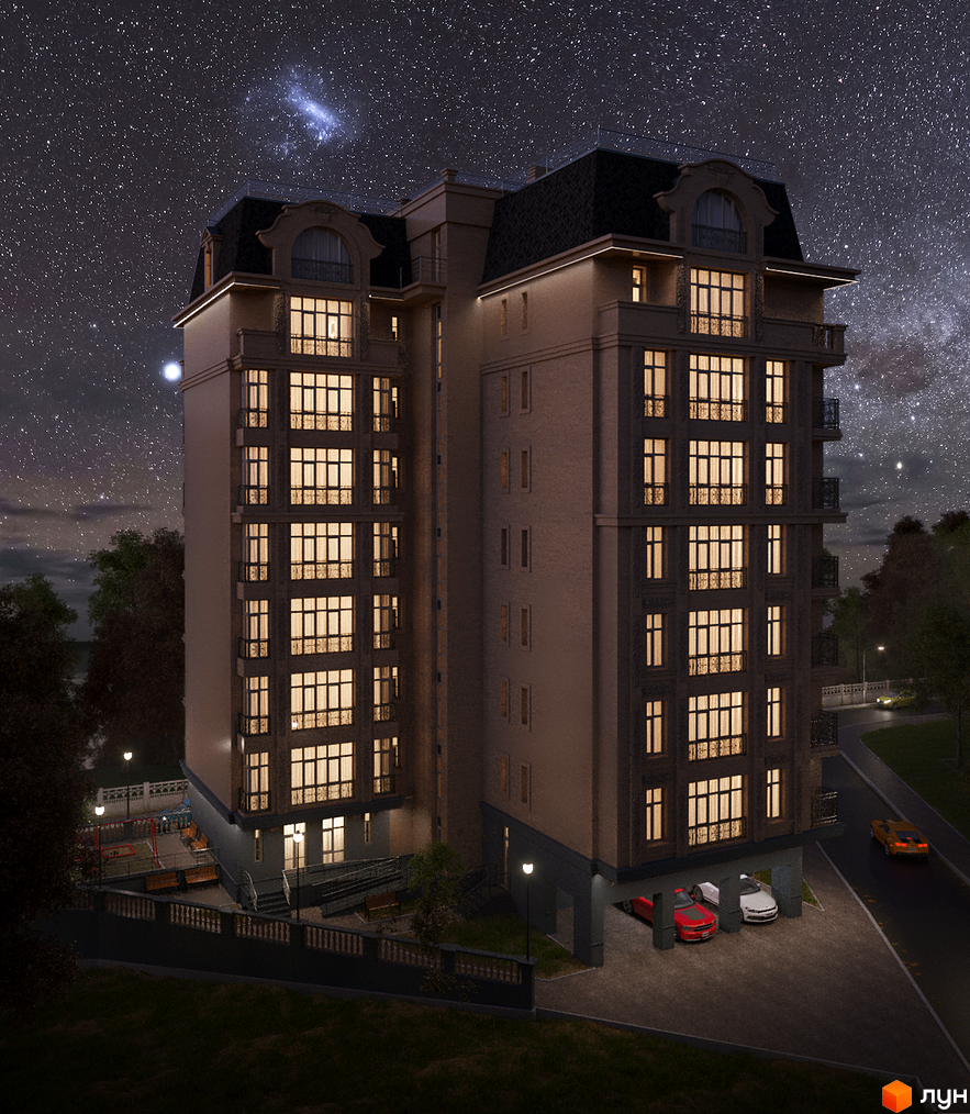 Клубний будинок „На Соловцова“ вночі під зоряним небом. Зовнішній вигляд будівлі з численними вікнами та балконами, а також прибудинкова територія з паркуванням та дитячим майданчиком.