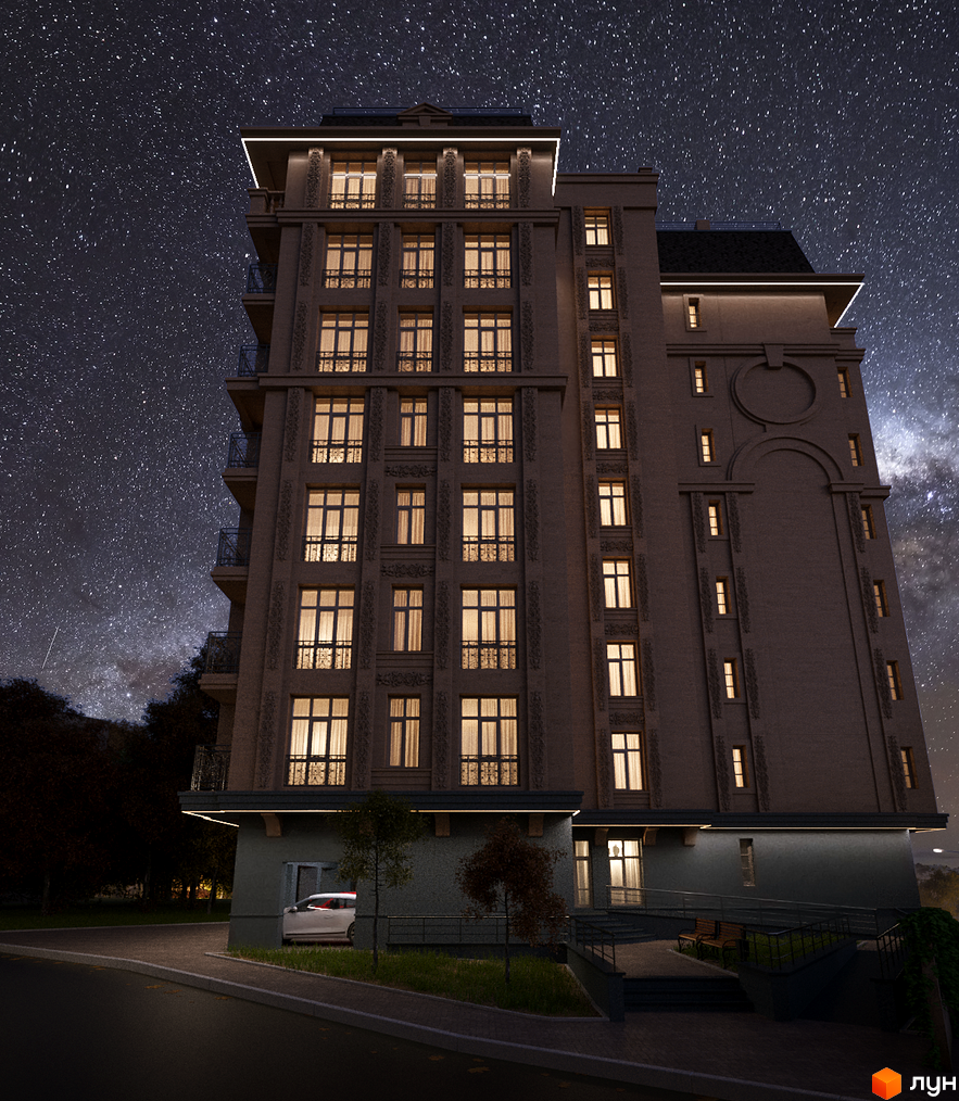 Клубний будинок „На Соловцова“ вночі з підсвіченими вікнами та зоряним небом. Навколо будинку дерева та дорога з автомобілем.