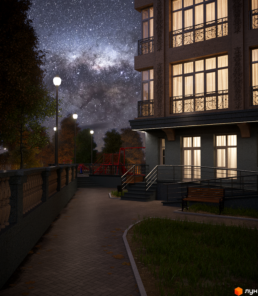 Клубний будинок „На Соловцова“ з вишуканими балконами та вікнами під зоряним небом. Затишна прибудинкова територія з ліхтарями та дитячим майданчиком.