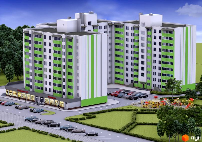 Житловий комплекс на вул. Тараскова, 5 з біло-зеленим фасадом, магазинами на першому поверсі, парковкою та дитячим майданчиком.