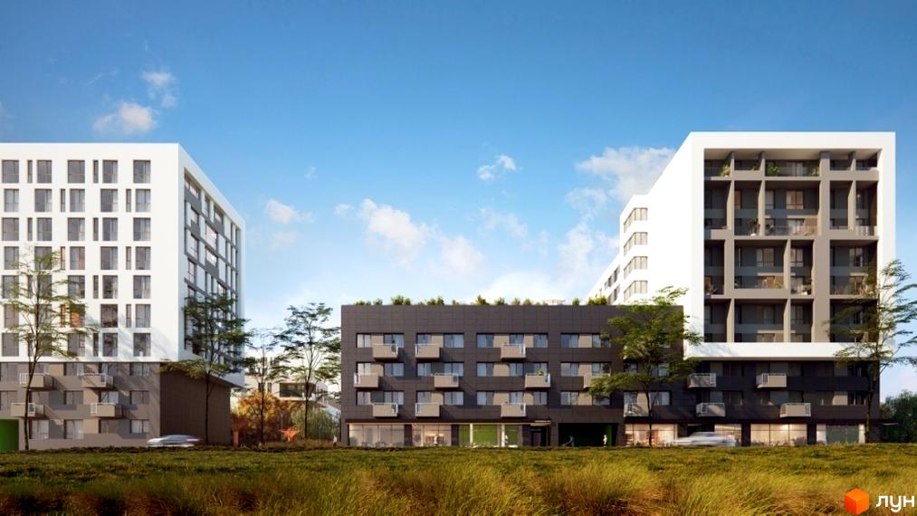 Зовнішній вигляд новобудови Місто Трав з білими та сірими фасадами, балконами та великою кількістю вікон. Навколо будівлі зелена територія з деревами та травою.