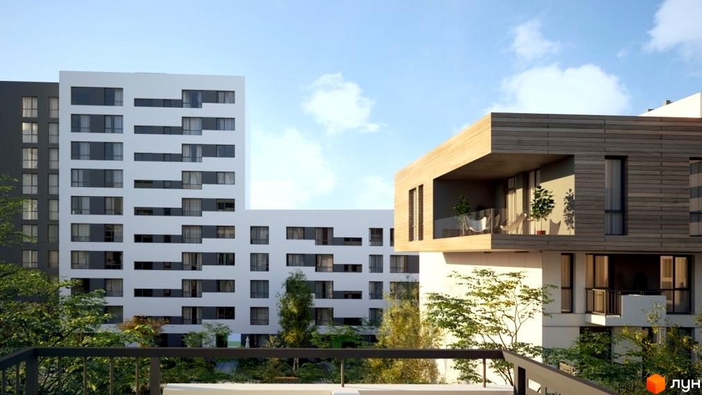 Зовнішній вигляд новобудови ЖК Місто Трав з білими та сірими фасадами, вікнами та балконами. Навколо будівлі зелені дерева та блакитне небо з хмарами.