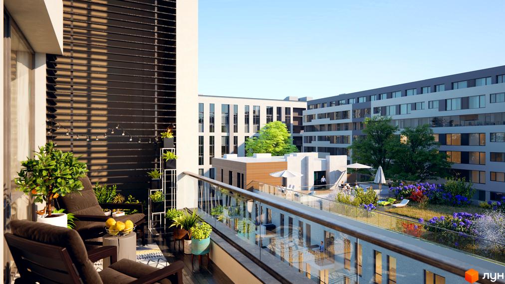 Житловий комплекс Місто Трав. Балкон з кріслами та рослинами, вид на багатоповерхові будинки та зелену зону відпочинку з квітами та парасольками.