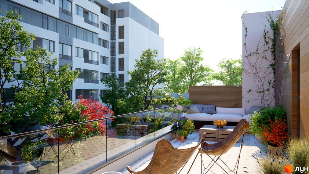 Новобудова Місто Трав з просторим балконом, меблями та зеленню. Сучасна архітектура та комфортна зона відпочинку на терасі.