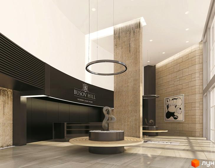 Лобі житлового комплексу Busov Hill з дизайнерським ремонтом та арт-об'єктом. Сучасний інтер'єр новобудови з натуральних матеріалів та освітлення.