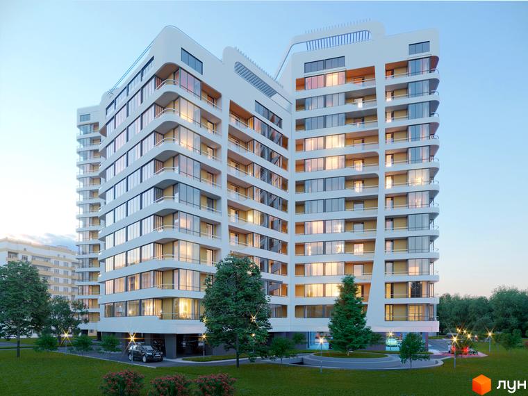 Житловий комплекс Park Tower - сучасна архітектура з панорамними вікнами та затишною прибудинковою територією з деревами та освітленням.