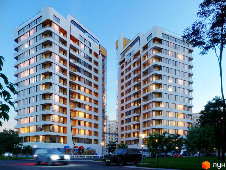 Житловий комплекс Park Tower – це дві висотні будівлі з панорамними вікнами та балконами, що виходять на зелену зону з дитячим майданчиком та дорогою з автомобілями.