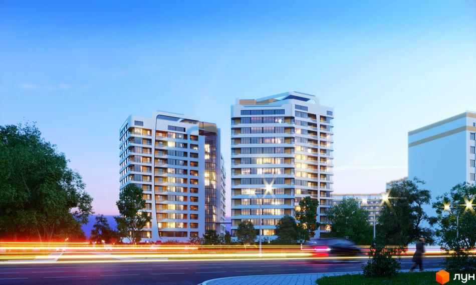 Житловий комплекс Park Tower - сучасні багатоповерхові будинки з панорамними вікнами та балконами. Навколо зелені насадження та дорога з автомобілями.