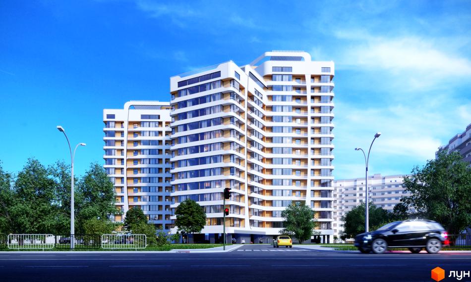 Житловий комплекс Park Tower – це сучасна новобудова з вигнутими фасадами та панорамними вікнами. Навколо комплексу зелені насадження та міська інфраструктура.