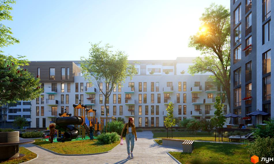 Новобудова Місто Трав з дитячим майданчиком та зонами відпочинку. Зовнішній вигляд будинку з балконами та вікнами, прибудинкова територія з деревами та лавками.