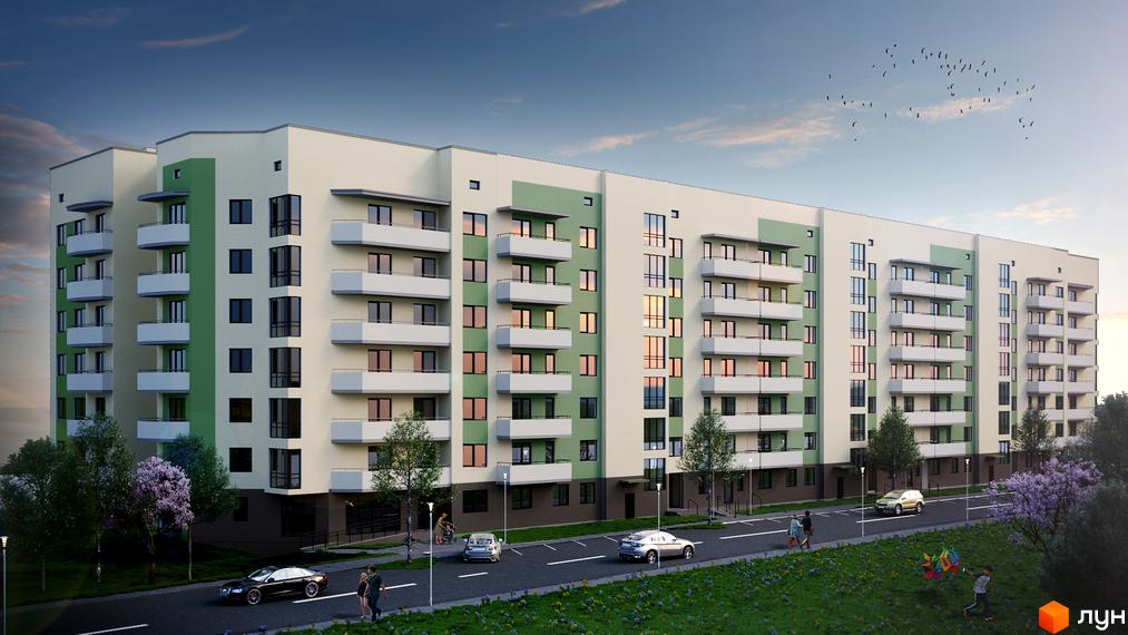 Житловий комплекс Первоцвіт. Багатоквартирний будинок з балконами та великими вікнами. Навколо будинку зелена зона, дорога з автомобілями та пішоходами.