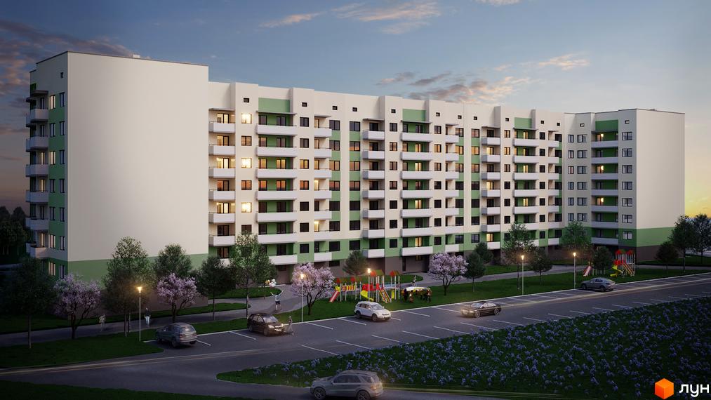 Житловий комплекс Первоцвіт – це багатоповерховий будинок з балконами та вікнами, що виходять на парковку та дитячий майданчик. Навколо будинку розташовані дерева та зелені насадження.