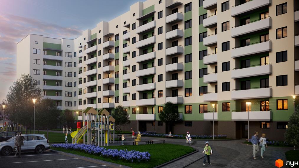 Житловий комплекс Первоцвіт – багатоповерховий будинок з балконами та зеленими елементами фасаду. На прибудинковій території дитячий майданчик, парковка та зелені насадження.