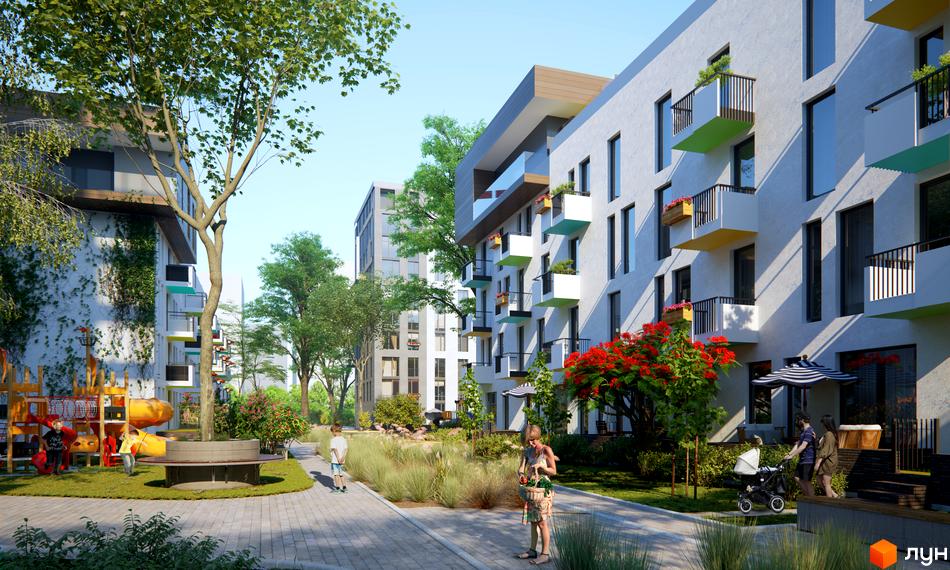 Житловий комплекс Місто Трав з яскравими балконами та дитячим майданчиком. Сучасна архітектура та зелена прибудинкова територія.