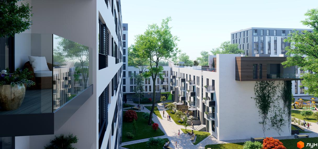 Житловий комплекс Місто Трав з білими фасадами та скляними балконами. На прибудинковій території зелені насадження, зони відпочинку та дитячий майданчик.