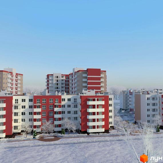 Житловий комплекс Сакура: біло-червоні багатоповерхові будинки з балконами на тлі засніженого ландшафту з деревами та доріжками.