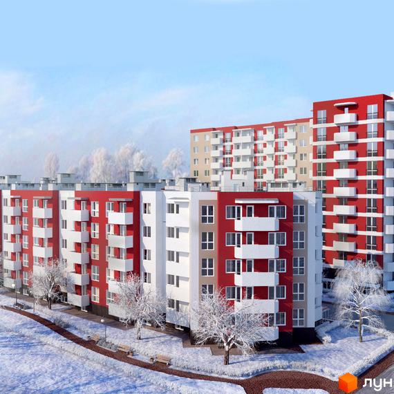 Житловий комплекс Сакура: багатоповерхові будинки червоного, білого та бежевого кольорів з балконами. Зимова прибудинкова територія зі снігом, деревами та доріжками.