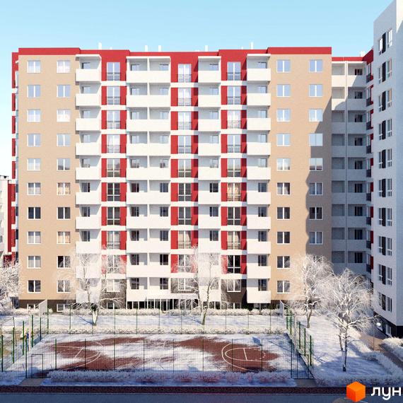 Житловий комплекс Сакура: багатоповерховий будинок з бежевими стінами та червоними вставками. Зимова прибудинкова територія зі снігом та спортивним майданчиком.