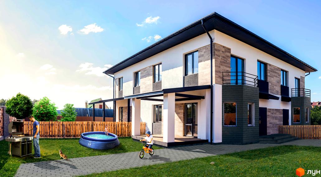 Котеджне містечко КМ Соната: двоповерхові будинки з балконами та терасами. На прибудинковій території дитячий басейн, дитина на велосипеді та зона барбекю.