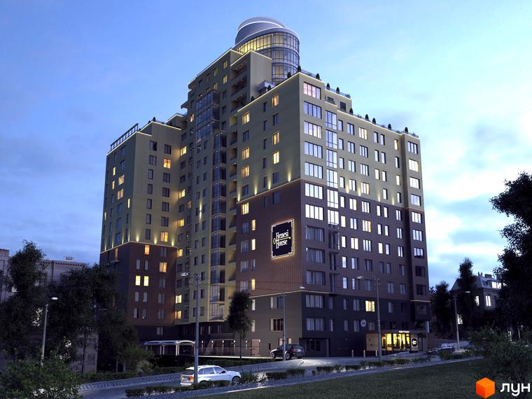 Житловий комплекс Henesi House з сучасним фасадом та освітленням, прибудинкова територія з зеленими насадженнями.