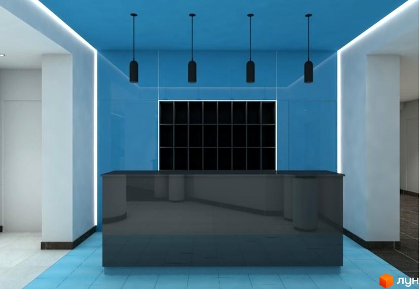 Інтер'єр рецепції житлового комплексу Smart Plaza Obolon з темною стійкою та блакитною стіною з полицями. Сучасний дизайн з підсвіткою та підвісними світильниками.