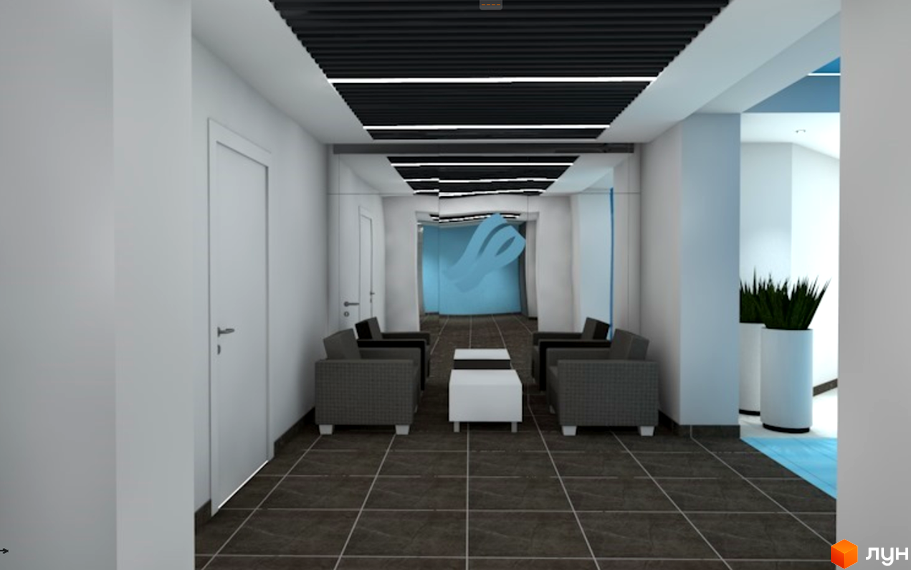 Інтер'єр холу житлового комплексу Smart Plaza Obolon з сірими диванами, білими столиками та дверима. На стінах білі панелі, на стелі чорні рейки з підсвічуванням.