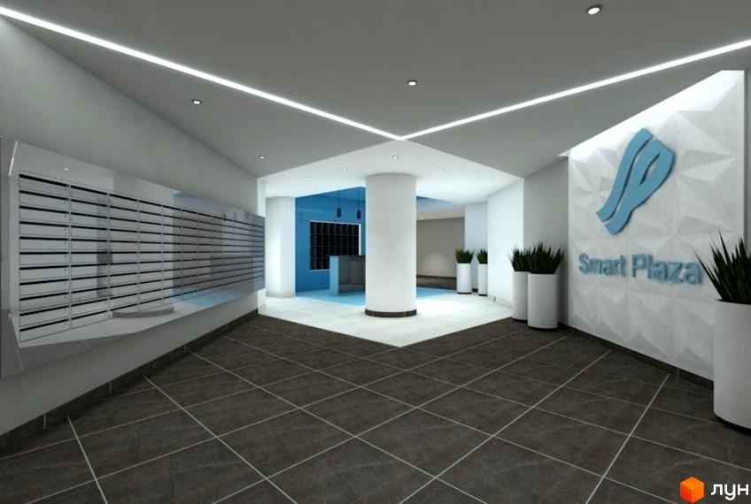 Сучасний дизайн вхідної групи житлового комплексу Smart Plaza Obolon з поштовими скриньками та зоною ресепшн. Великий простір з колоною та рослинами у білих вазонах.