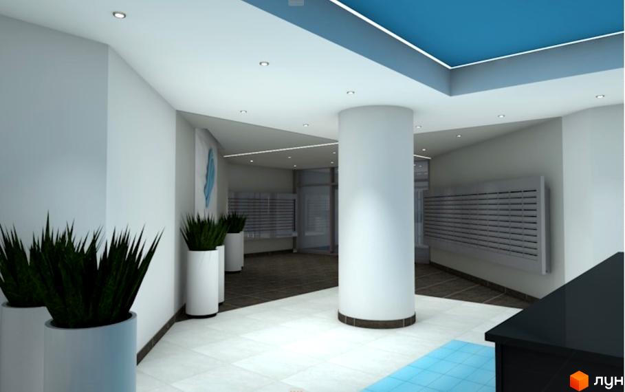 Дизайн холу житлового комплексу Smart Plaza Obolon з колоною та рослинами в білих вазонах. Сучасний інтер'єр вестибюля з підсвічуванням стелі та сірими панелями на стінах.