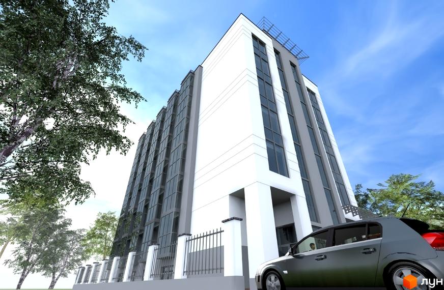 Новобудова ЖК Sky Hill з біло-сірим фасадом та панорамними вікнами. Перед будинком паркан та зелені насадження.