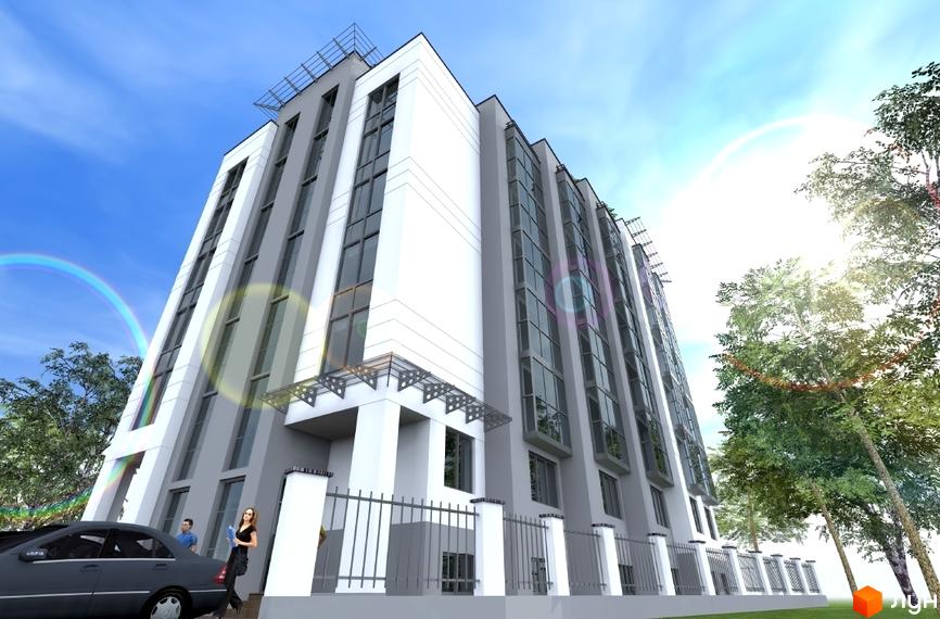 Житловий комплекс Sky Hill – висотна новобудова з великими вікнами та сіро-білим фасадом. Перед будинком розташована огорожа та зелені насадження.