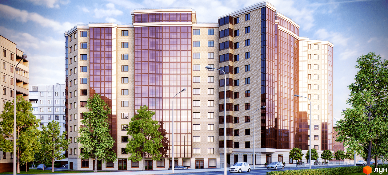 Зовнішній вигляд житлового комплексу Pirogovsky з цегляним фасадом та великими вікнами. Прибудинкова територія з деревами та дорогою.