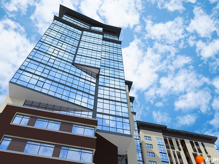 Житловий комплекс Кристал: сучасна архітектура з панорамним склінням та коричневими фасадами. Висотна будівля на фоні блакитного неба з хмарами.