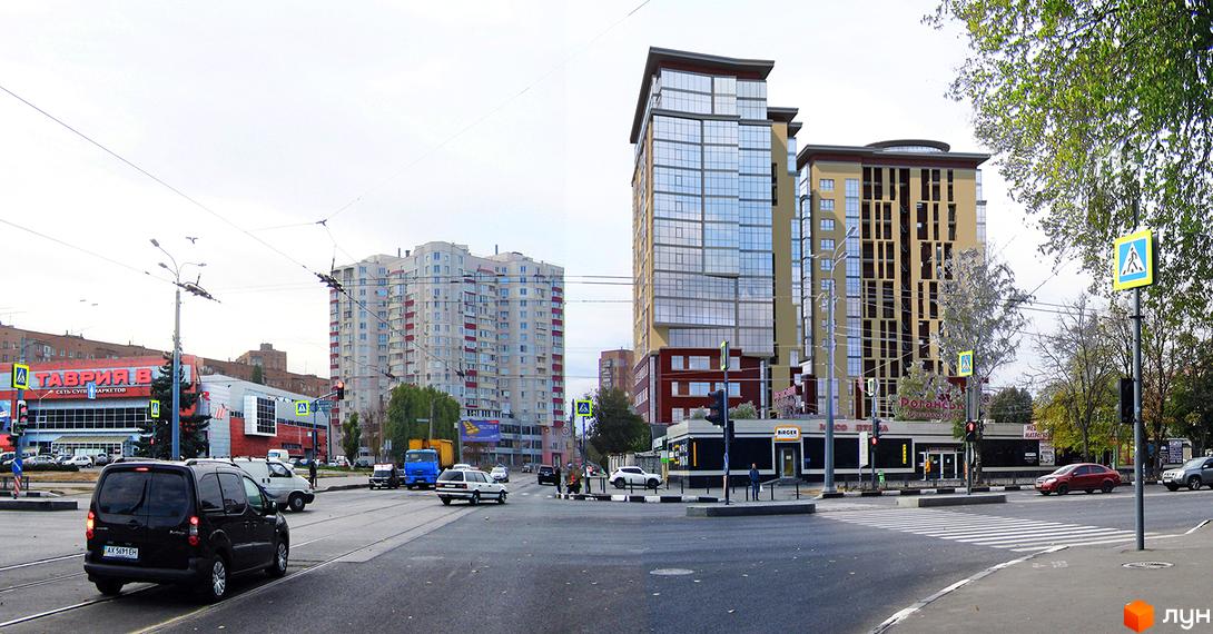 Житловий комплекс Кристал. Сучасна архітектура, високі будівлі зі скляними фасадами, розташовані на перехресті вулиць. Поруч - торговий центр та зелені насадження.