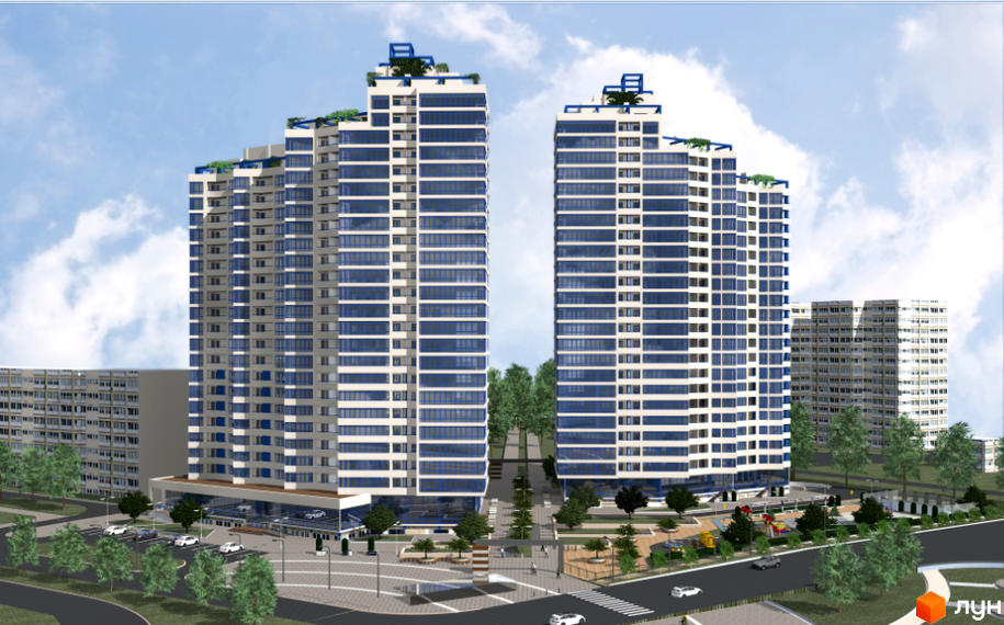 Житловий комплекс SkyCity: два висотних будинки з синіми вікнами та білими фасадами, зелена прибудинкова територія з деревами та дитячим майданчиком.