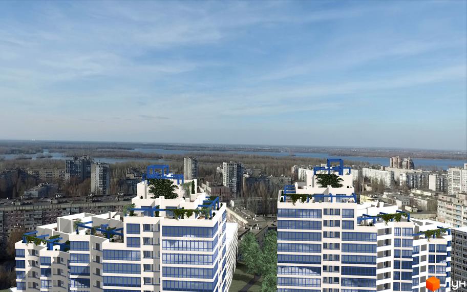 Житловий комплекс SkyCity - сучасна архітектура з синіми елементами та терасами. Вид на річку та міський пейзаж.