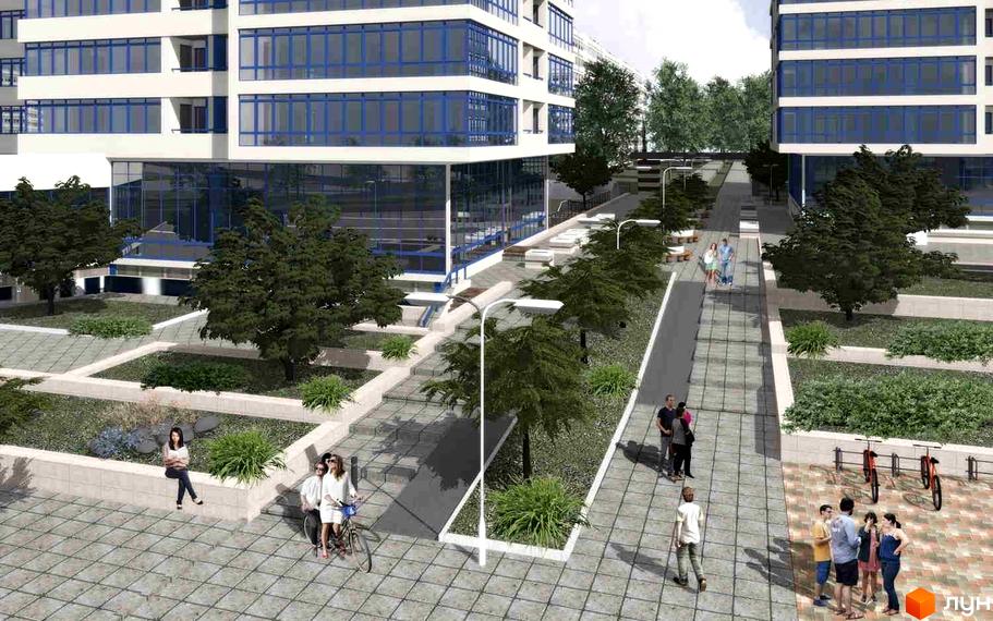 Житловий комплекс SkyCity: біла багатоповерхівка з синіми вікнами та доглянутою прибудинковою територією з деревами та місцями для відпочинку.