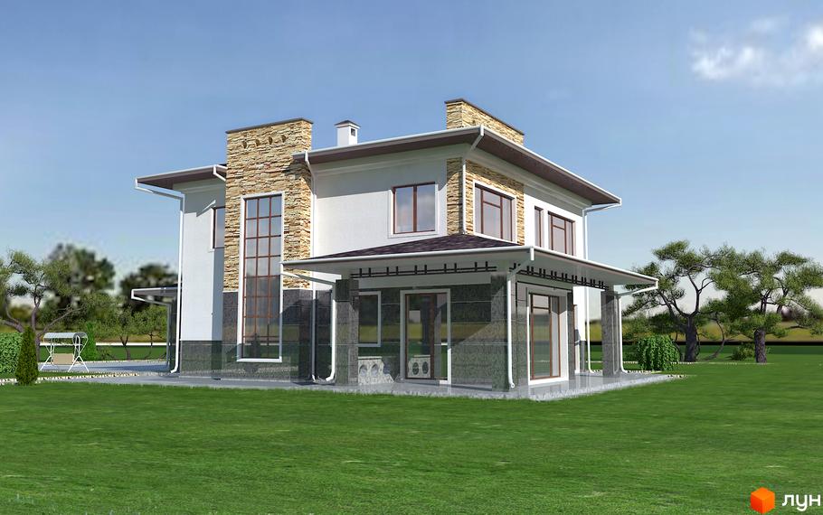 Екстер'єр двоповерхового будинку з кам'яним оздобленням та навісом. Навколо будинку доглянутий газон та дерева. Котеджне містечко Манхеттен Клуб.