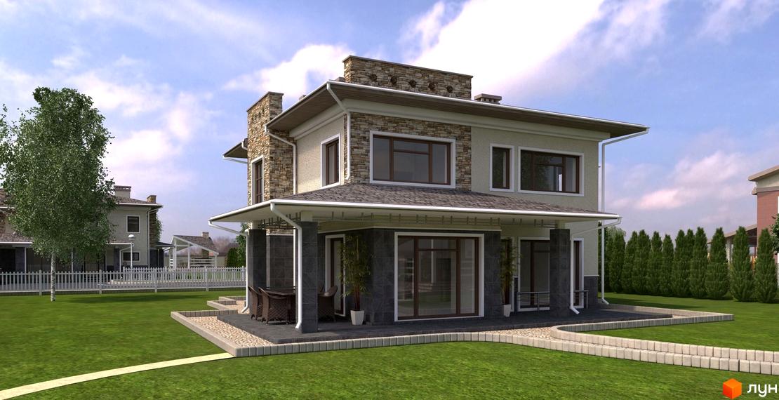 Котеджне містечко Манхеттен Клуб: двоповерховий будинок з кам'яним оздобленням та великими вікнами. Прибудинкова територія з доглянутим газоном та деревами.