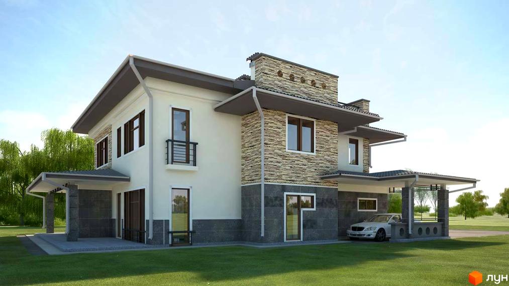 Котеджне містечко Манхеттен Клуб: двоповерховий будинок з кам'яним оздобленням та навісом для автомобіля. Навколо будинку зелений газон та дерева.